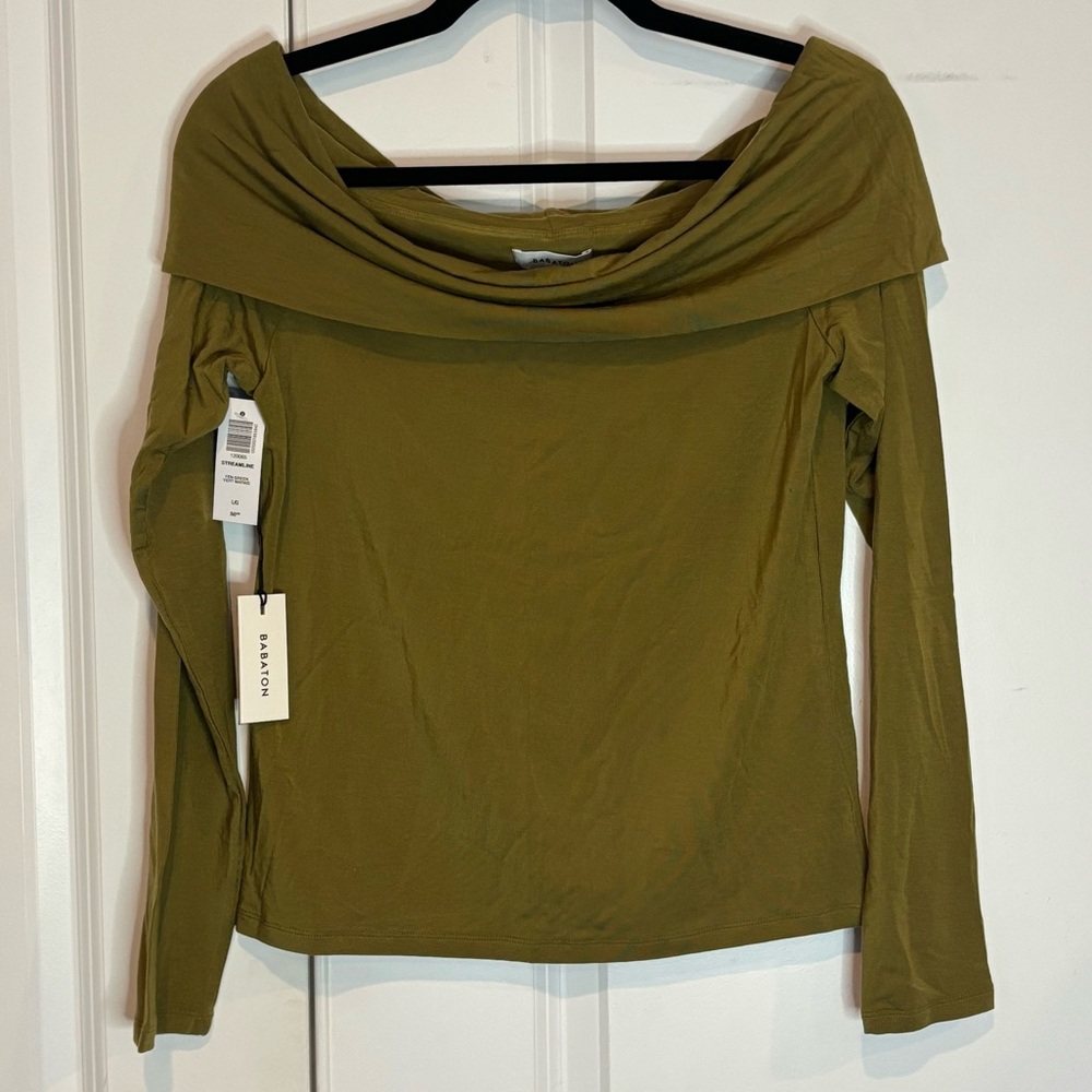 NWT Aritzia Babaton Streamline Off Shoulder Long Sleeve Olive Green Top L